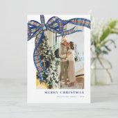 Blue Green Plaid Bow Kerstfoto Vakantie Kaart (Staand voorkant)