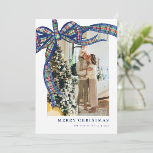 Blue Green Plaid Bow Kerstfoto Vakantie Kaart (Staand voorkant)