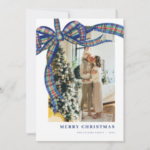 Blue Green Plaid Bow Kerstfoto Vakantie Kaart