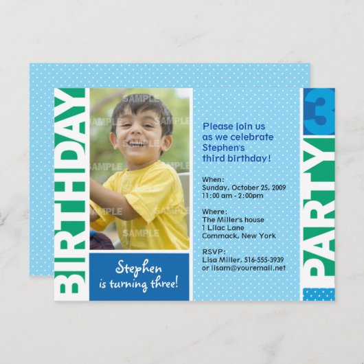 Blue Green Polka Dot 3rd Birthday Invitation Uitnodiging Briefkaart (Voorkant / Achterkant)