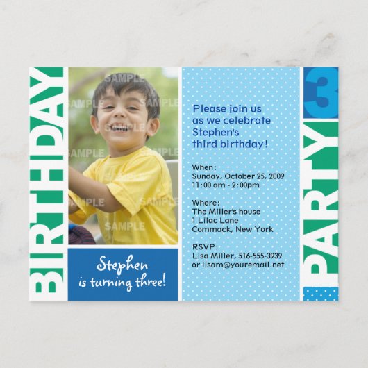Blue Green Polka Dot 3rd Birthday Invitation Uitnodiging Briefkaart (Voorkant)