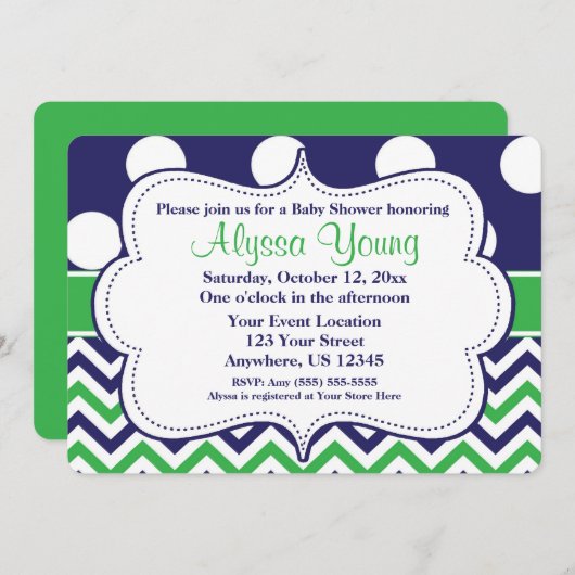 Blue Green Polka Dots Chevron Invitation Kaart (Voorkant / Achterkant)