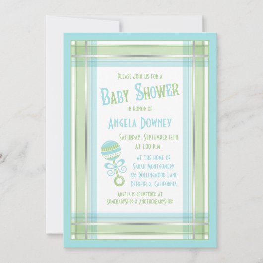 Blue Green Pset Rattle Baby shower Invitation Kaart (Voorkant)