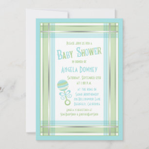 Blue Green Pset Rattle Baby shower Invitation Kaart