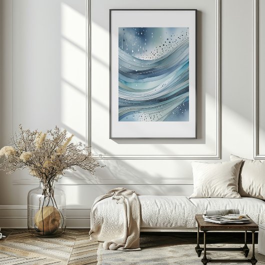 Blue Green Raindrops Abstracte Waterverf Poster