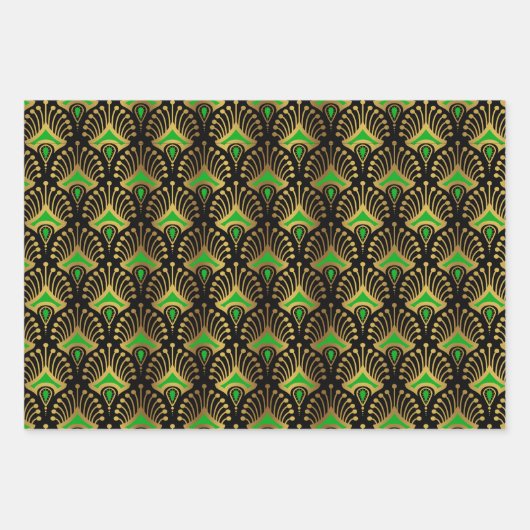 Blue, Green Red Art Deco Pattern On Black Inpakpapier Vel (Voorkant 2)