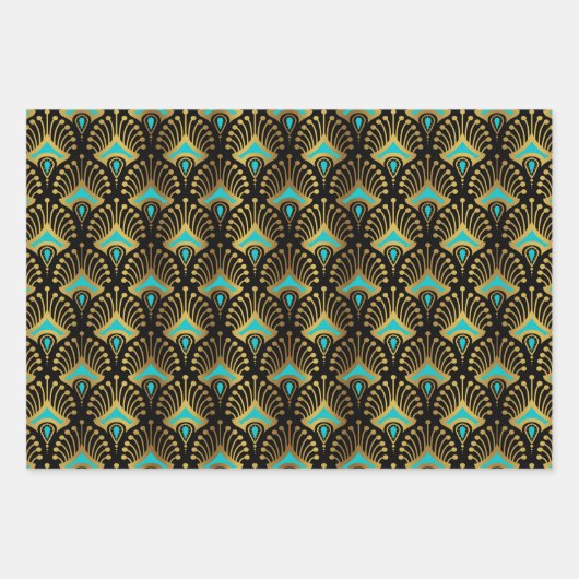 Blue, Green Red Art Deco Pattern On Black Inpakpapier Vel (Voorkant)