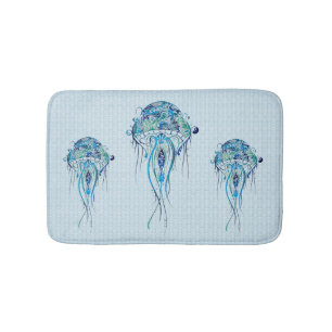 Blue-Green Retro Jellyfish Over Blue Background Badmat