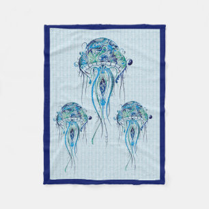Blue-Green Retro Jellyfish Over Blue Background Fleece Deken