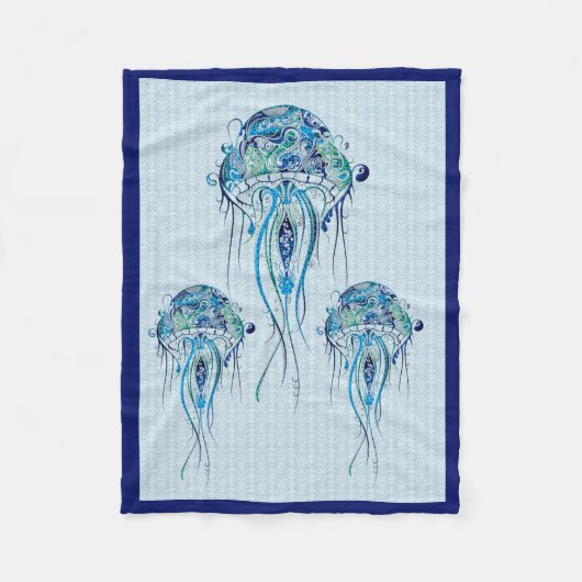Blue-Green Retro Jellyfish Over Blue Background Fleece Deken (Voorkant)