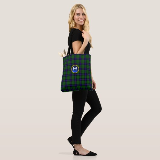 BLUE GREEN SCOTTISH ARMSTRONG TARTAN GEM MONOGRAM TOTE BAG (Op model)