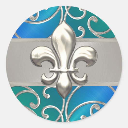 Blue Green Silver Filigree Swirls Fleur de Lis Ronde Sticker (Voorkant)