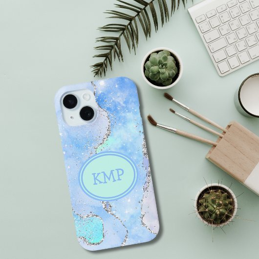 Blue Green Silver Glitter Marble Swirl Monogram Case-Mate iPhone Case