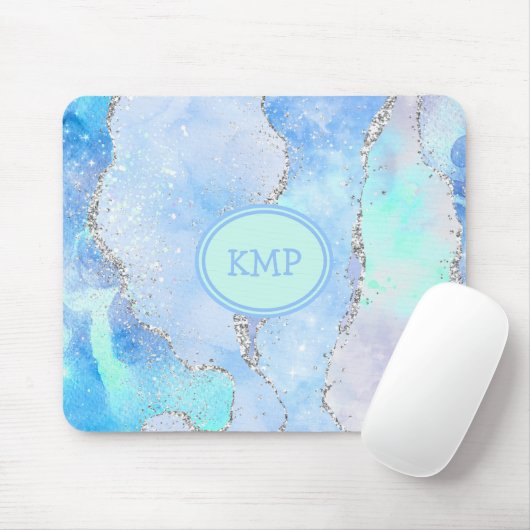 Blue Green Silver Glitter Marble Swirl Monogram Muismat (Met muis)