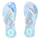 Blue Green Silver Glitter Marble Swirl Monogram Teenslippers (Voetbed)