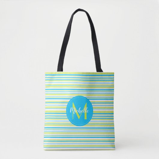 Blue Green Simple Elegant Stripes Name Monogram Tote Bag (Voorkant)