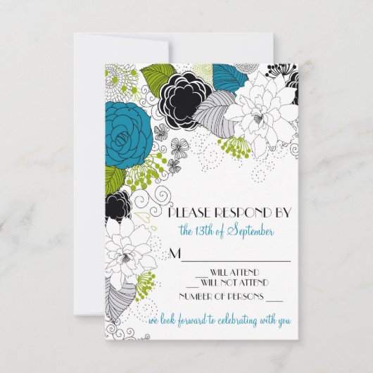 Blue Green Spring Flowers Wedding RSVP (Voorkant)