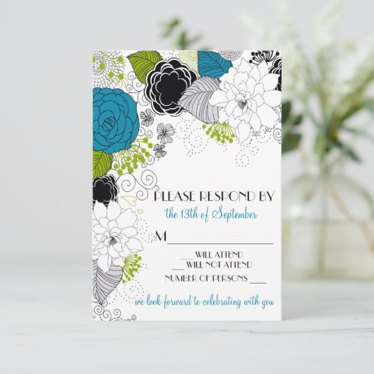Blue Green Spring Flowers Wedding RSVP (Staand voorkant)