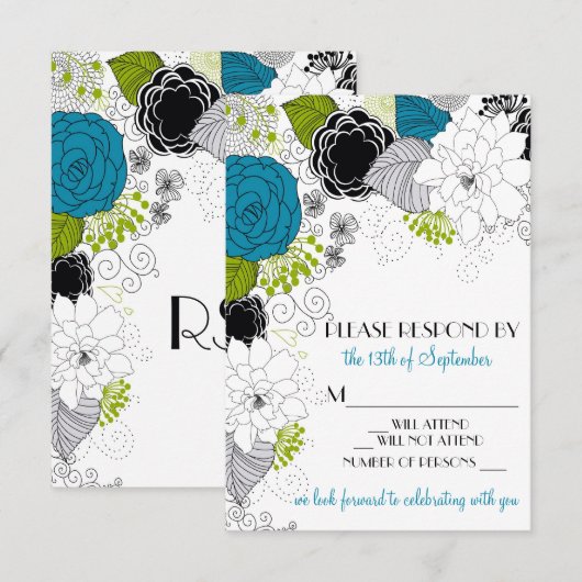 Blue Green Spring Flowers Wedding RSVP (Voorkant / Achterkant)