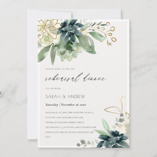 Blue Green Succulent Fauna Rehearsal Dinner Invite Bedankkaart (Voorkant)