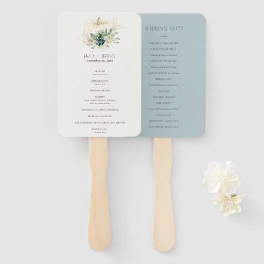 Blue Green Succulent Pumpkin Wedding Programme Handwaaier (Voorkant en achterkant)