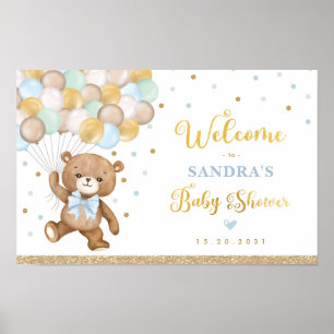 Blue Green Teddy Bear Ballon Welkom Baby Boy Poster