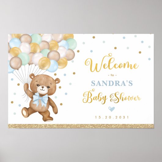 Blue Green Teddy Bear Ballon Welkom Baby Boy Poster (Voorkant)