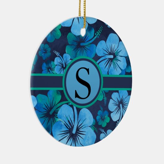 Blue Green Tropical Hibiscus Floral Monogram Keramisch Ornament (Rechts)