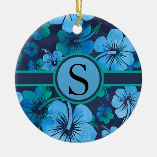 Blue Green Tropical Hibiscus Floral Monogram Keramisch Ornament (Voorkant)