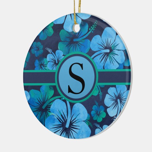 Blue Green Tropical Hibiscus Floral Monogram Keramisch Ornament (Links)