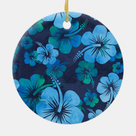 Blue Green Tropical Hibiscus Floral Monogram Keramisch Ornament (Achterkant)