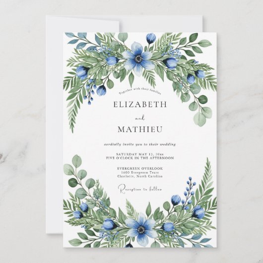 Blue Green Verdant Botanical Wedding Kaart (Voorkant)