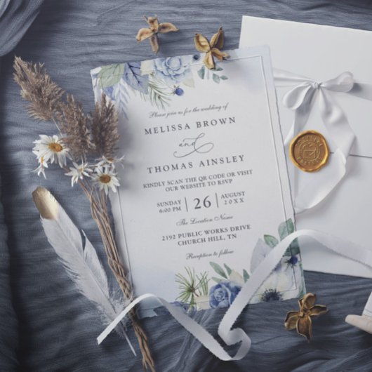Blue Green Watercolor Elegant QR Code Wedding Kaart
