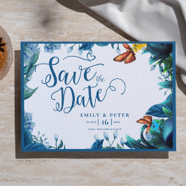 Blue Green Watercolor Foliage Butterfly Wedding Aankondigingskaart