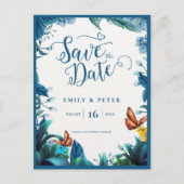 Blue Green Watercolor Foliage Butterfly Wedding Aankondigingskaart (Voorkant)