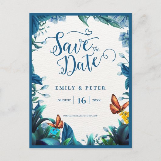 Blue Green Watercolor Foliage Butterfly Wedding Aankondigingskaart (Voorkant)