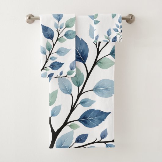 Blue Green Watercolor Leaves Botanical Design 376 Bad Handdoek (Insitu)