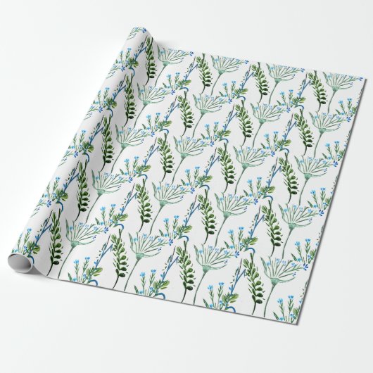 Blue Green Watercolor Wildflower  Cadeaupapier (Uitgerold)