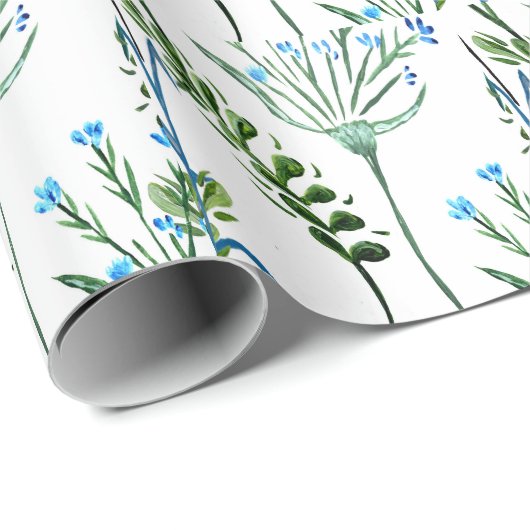 Blue Green Watercolor Wildflower Cadeaupapier (Rol Hoek)