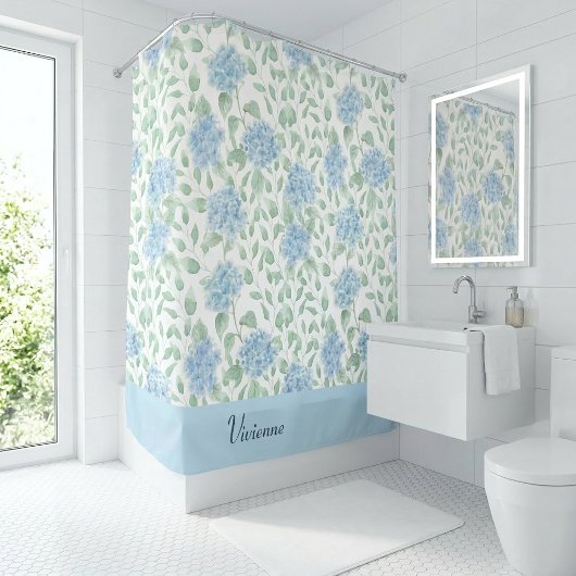 Blue Green Watercolor Wildflower Monogram Douchegordijn
