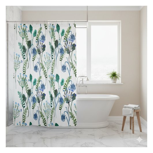 Blue Green Watercolor Wildflower Shower Curtain Douchegordijn