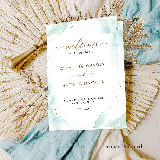Blue Green Waterverf Folded Wedding Programme