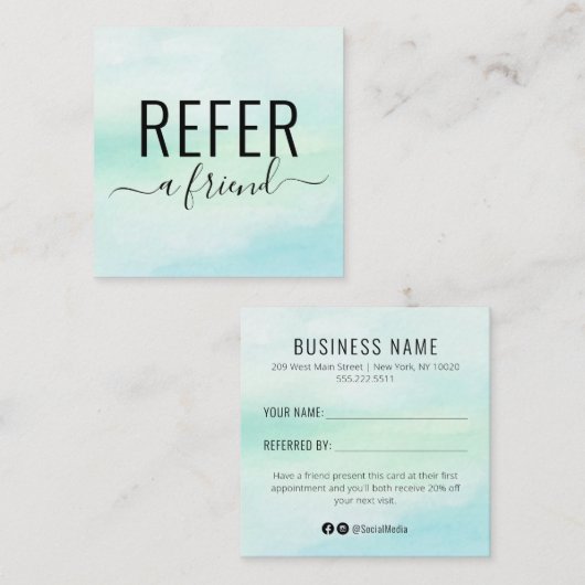 Blue Green Waterverf Spa of Salon Reference Kaart Vierkante Visitekaartje (Voorkant / Achterkant)