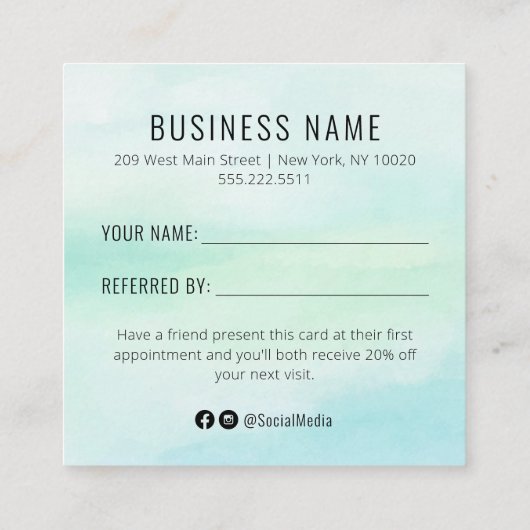 Blue Green Waterverf Spa of Salon Reference Kaart Vierkante Visitekaartje (Achterkant)