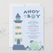 Blue Green Whale Lighthouse Ahoy Boy Baby shower Kaart (Voorkant)