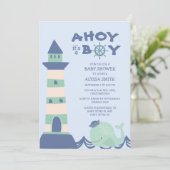 Blue Green Whale Lighthouse Ahoy Boy Baby shower Kaart (Staand voorkant)