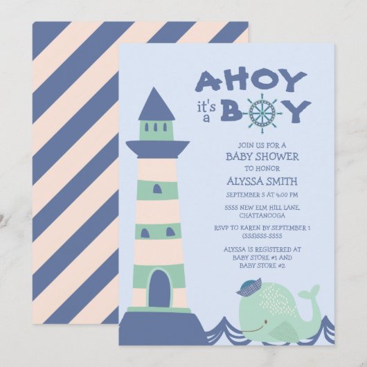 Blue Green Whale Lighthouse Ahoy Boy Baby shower Kaart (Voorkant / Achterkant)