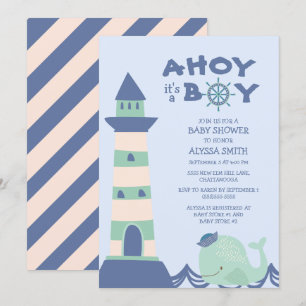 Blue Green Whale Lighthouse Ahoy Boy Baby shower Kaart