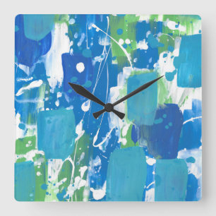 Blue Green White Abstract Vierkante Klok