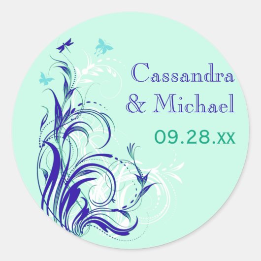 Blue Green White Aqua Floral 1,5-inch bruiloft Sti Ronde Sticker (Voorkant)